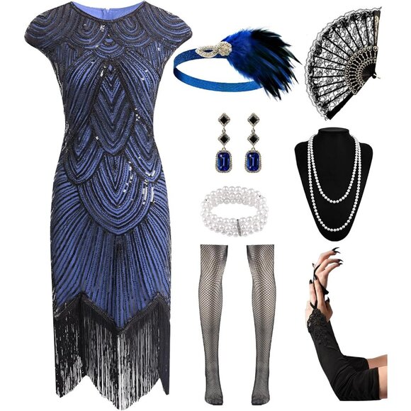 Women's Flapper Dress Sequin Fringe Beaded 1920s Costume Accessories - Picture 1 of 7